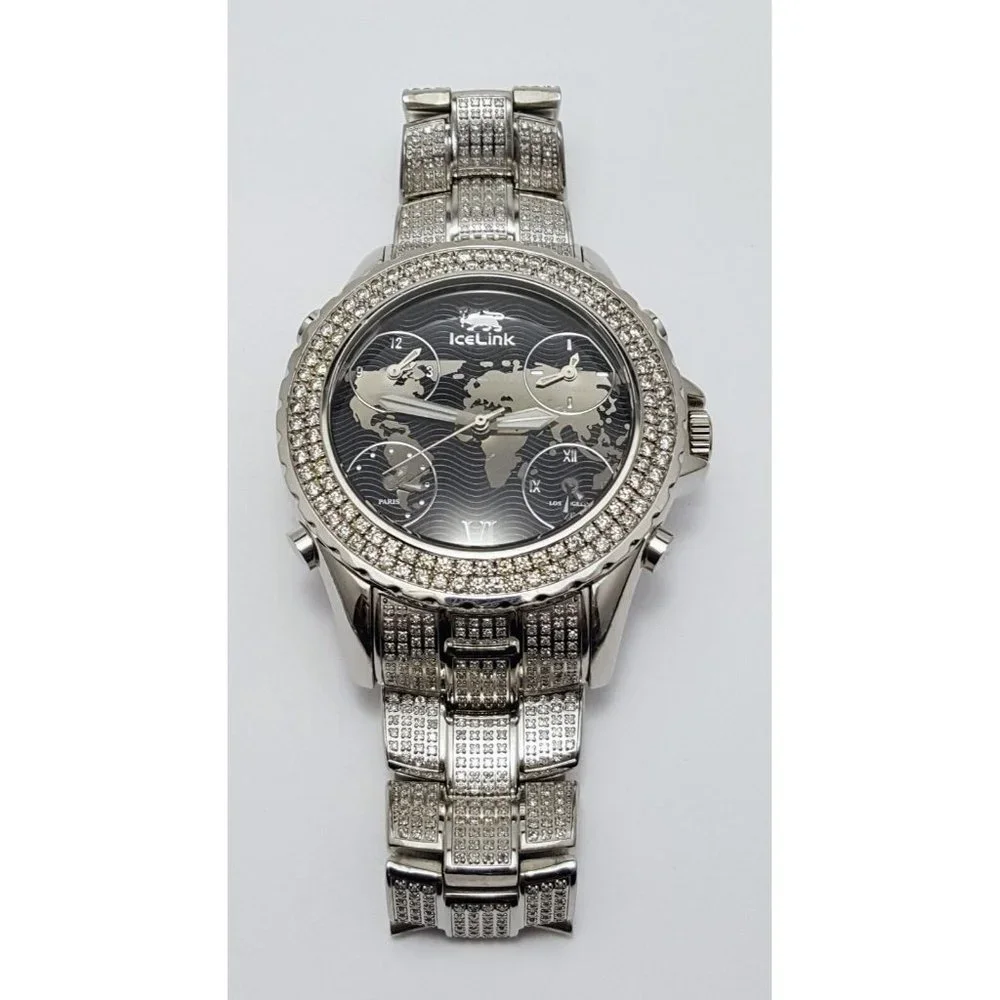 IceLink Marco Polo No. 1409 Black and Steel Watch w/Diamond Bezel and Strap 50mm